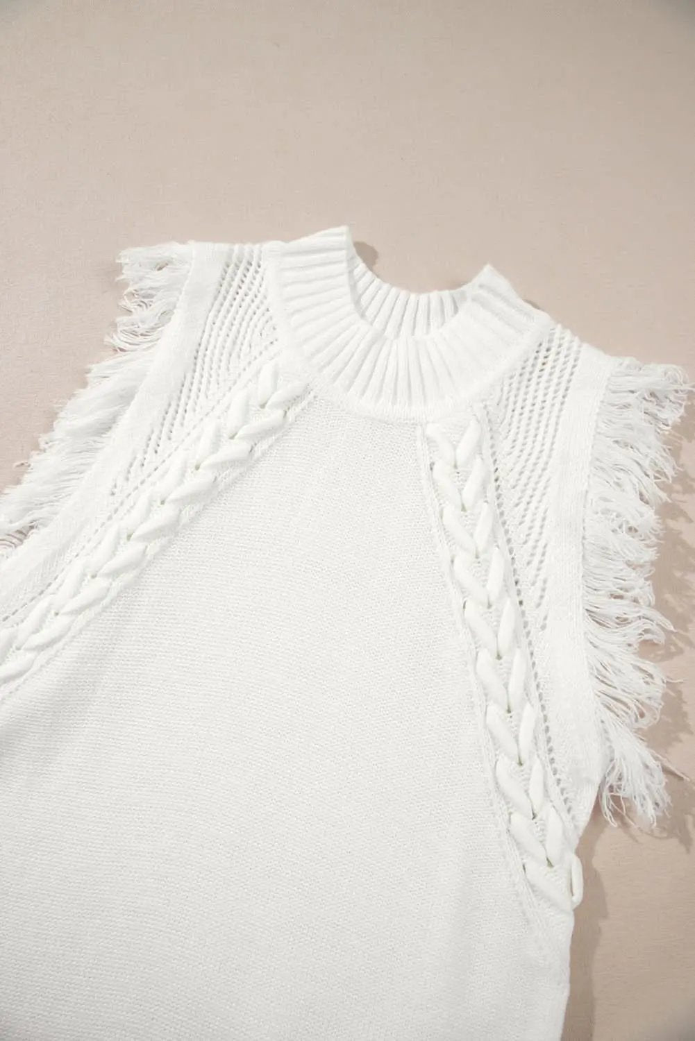 White Woven Tasseled Sleeveless Mock Neck Sweater Vest - Love Salve